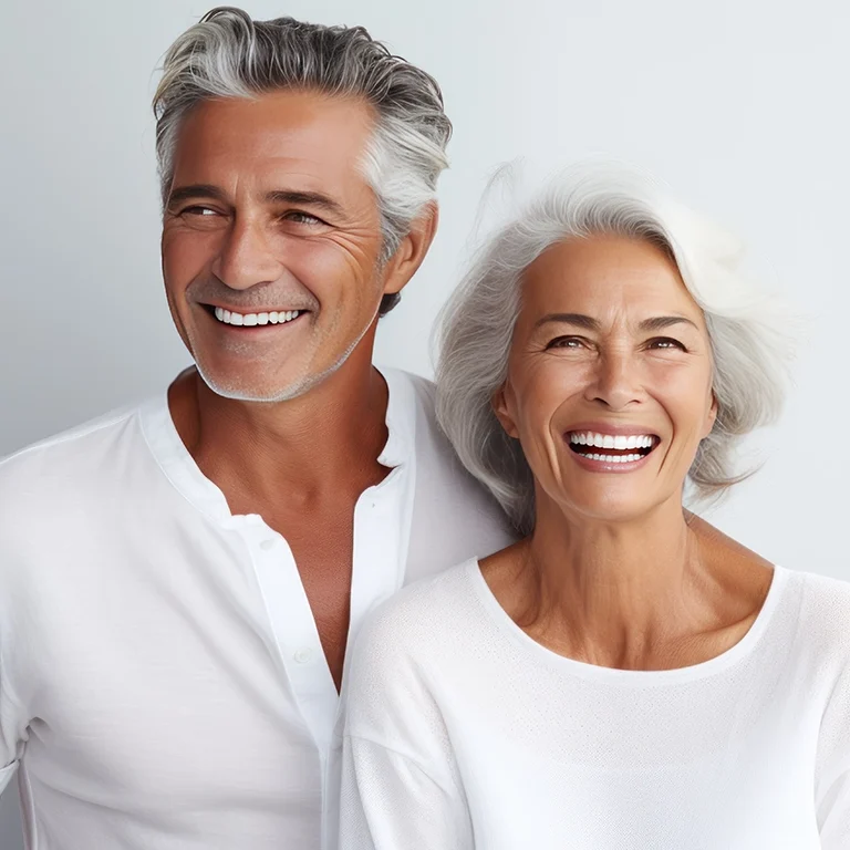 Beautiful gorgeous 50s mid age elderly senior model couple with grey hair laughing and smiling