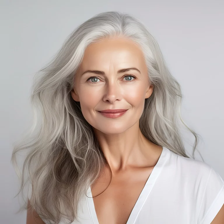 Gorgeous aging mature woman with long gray hair and happy smiling