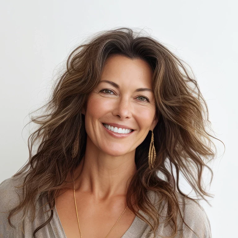 Portrait of beautiful mature woman with long wavy hair smiling at camera