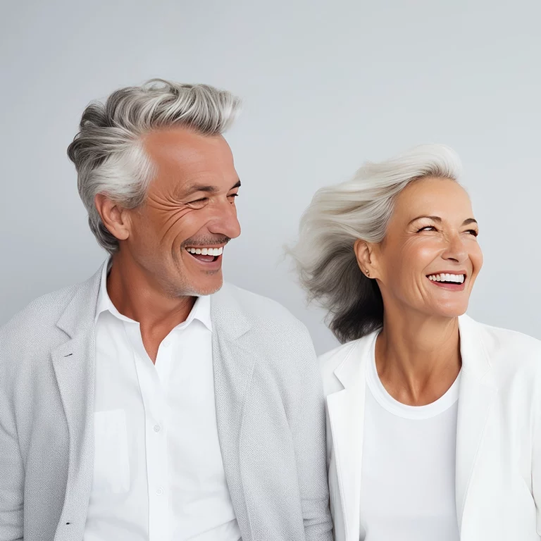 older couple with great hair laughing and smiling